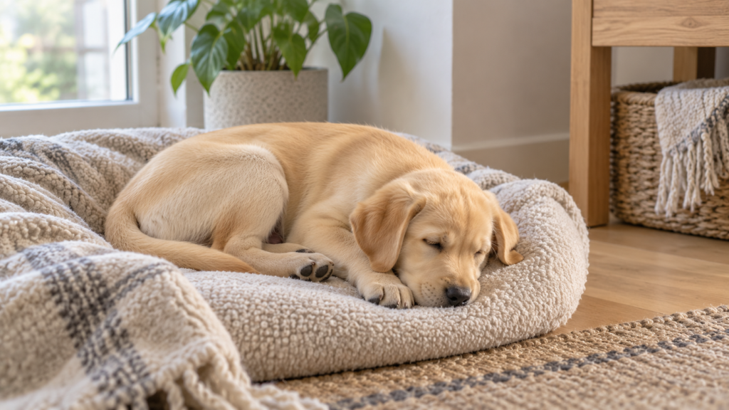 Labradorvalp sover rolig i en hundeseng hjemme